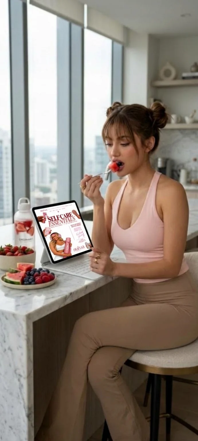 Lifestyle image of a woman enjoying fruit beside a tablet displaying the Self-Care Essentials guide